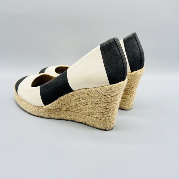 J Crew Shoes Womens 9.5 Black Ivory Wedge Espadrille Canvas Striped Summer - Picture 6 of 12